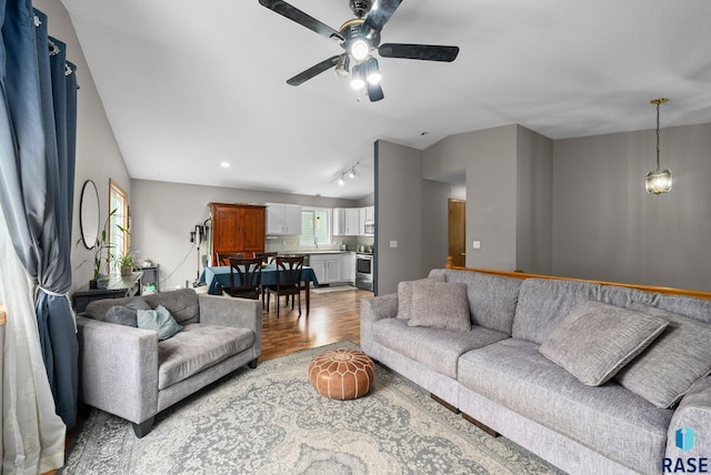 800 N Poplar Ave, Tea, SD 57064 - living room featuring wood finished floors, a ceiling fan, rail lighting, and lofted ceiling