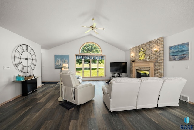 200 Best Point Dr, Madison, SD 57042 - living area with lofted ceiling, a ceiling fan, a fireplace, dark wood finished floors, and baseboards