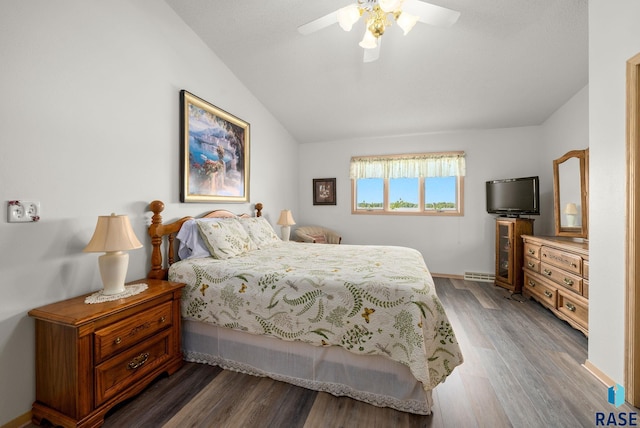200 Best Point Dr, Madison, SD 57042 - bedroom with lofted ceiling, dark wood-style floors, ceiling fan, and baseboards