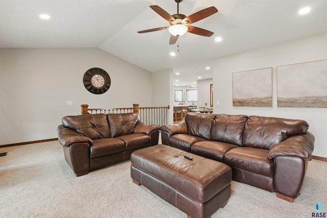 26646 461st Ave, Hartford, SD 57033 - living area with light carpet, a ceiling fan, recessed lighting, lofted ceiling, and baseboards