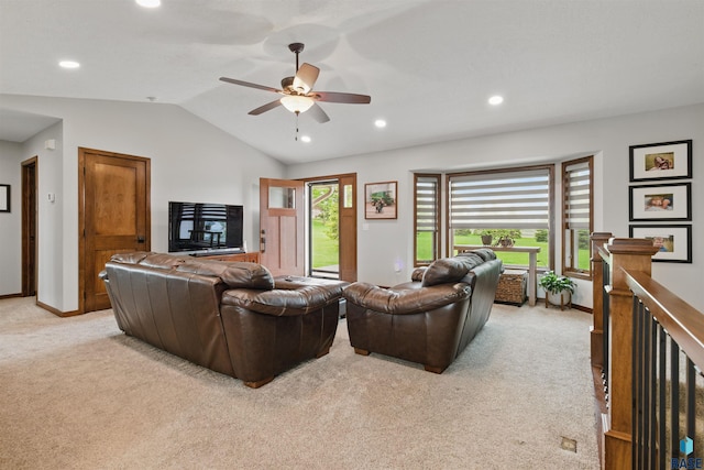 26646 461st Ave, Hartford, SD 57033 - living area with light colored carpet, vaulted ceiling, recessed lighting, a ceiling fan, and baseboards