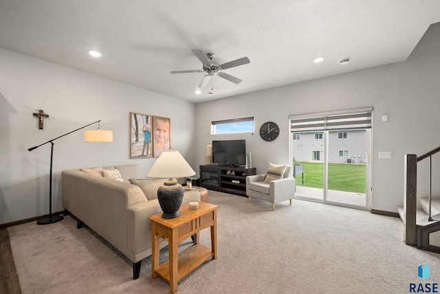 9054 W Ark Pl, Sioux Falls, SD 57106 - living room with light carpet, ceiling fan, baseboards, and recessed lighting