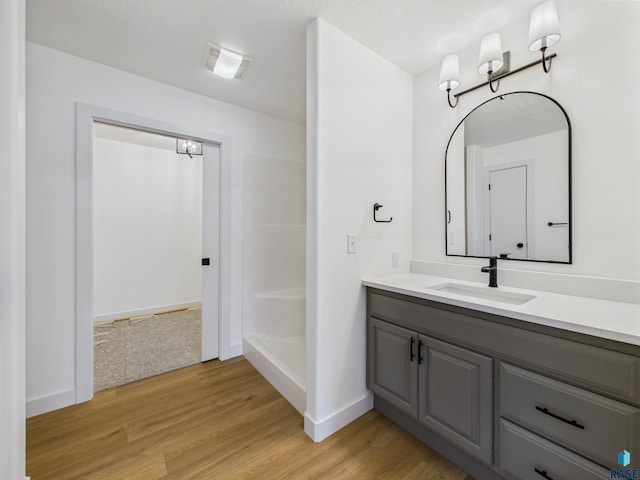 2506 E Augusta St, Brandon, SD 57005 - full bath featuring vanity, wood finished floors, baseboards, and a chandelier