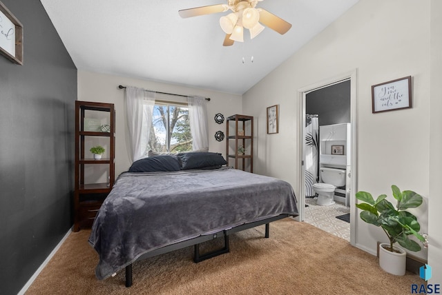 1304 N Tahoe Trl, Sioux Falls, SD 57110 - carpeted bedroom with lofted ceiling, baseboards, connected bathroom, and ceiling fan