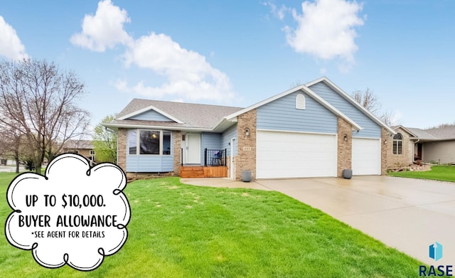 4315 S Cathedral Ave, Sioux Falls, SD 57103 - view of front of home with brick siding, a garage, concrete driveway, and a front yard