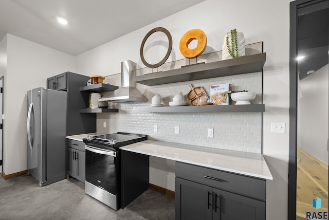 151 E 4th Pl Unit 102, Sioux Falls, SD 57104 - kitchen featuring open shelves, stainless steel appliances, wall chimney range hood, light countertops, and tasteful backsplash