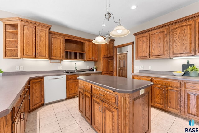 417 E Meadowlark Cir, Brandon, SD 57005 - kitchen with open shelves, dishwasher, a sink, a center island, and light tile patterned floors