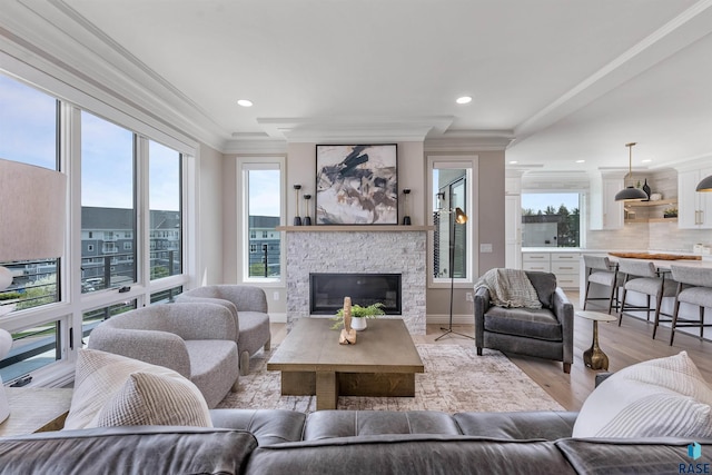 2720 S Oriya Pl, Sioux Falls, SD 57106 - living area featuring ornamental molding, light wood-style floors, plenty of natural light, a stone fireplace, and recessed lighting