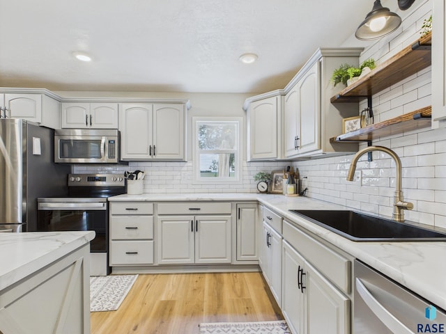 577 60th Ave, Beaver Creek, MN 56116 - kitchen with appliances with stainless steel finishes, a sink, light wood finished floors, backsplash, and open shelves