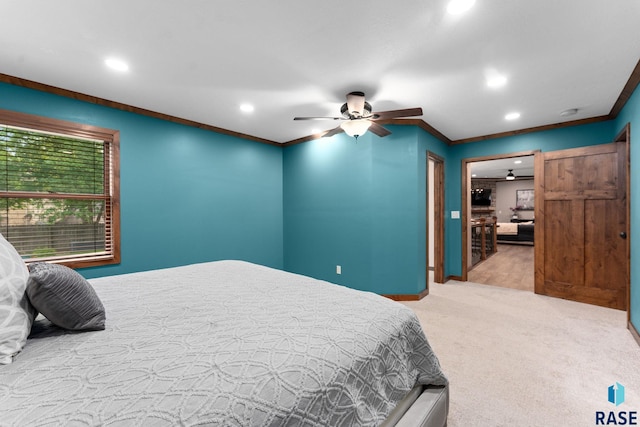 1325 W Whitechurch Ln, Sioux Falls, SD 57108 - carpeted bedroom featuring recessed lighting, baseboards, crown molding, and a ceiling fan