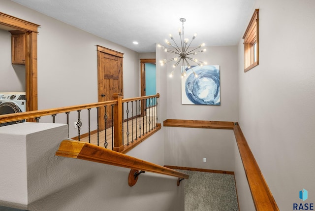 1325 W Whitechurch Ln, Sioux Falls, SD 57108 - staircase featuring a chandelier, washer / dryer, carpet flooring, and baseboards