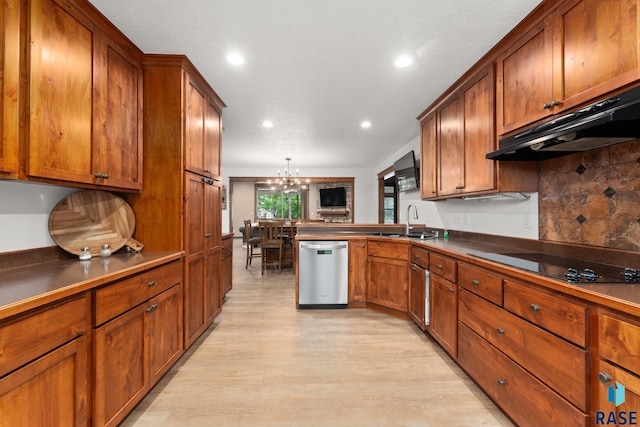 1325 W Whitechurch Ln, Sioux Falls, SD 57108 - kitchen featuring stainless steel dishwasher, under cabinet range hood, black electric cooktop, brown cabinetry, and recessed lighting