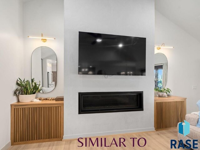1112 N Slate Ave, Brandon, SD 57005 - living area featuring a glass covered fireplace, wood finished floors, radiator, and vaulted ceiling