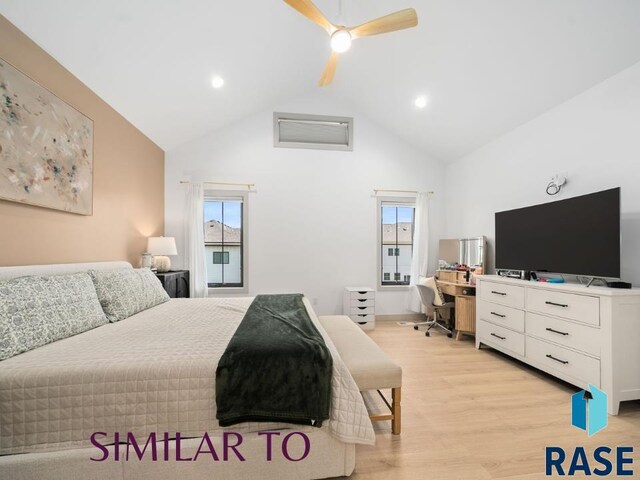 1112 N Slate Ave, Brandon, SD 57005 - bedroom featuring high vaulted ceiling, light wood-style flooring, a ceiling fan, multiple windows, and recessed lighting