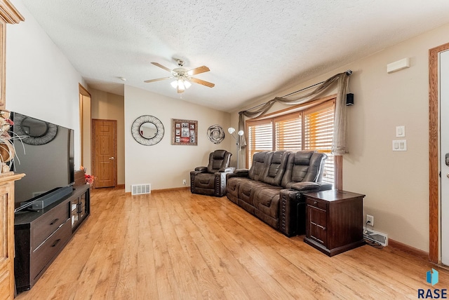 27549 475th Ave, Worthing, SD 57077 - living room with ceiling fan, light wood finished floors, a textured ceiling, baseboards, and lofted ceiling