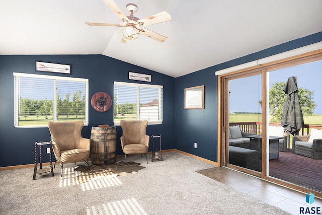 46687 276th St, Lennox, SD 57039 - sitting room featuring vaulted ceiling, ceiling fan, carpet flooring, and baseboards