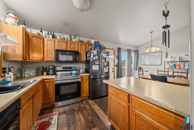 510 Kent St, Harrisburg, SD 57032 - kitchen featuring black appliances, a sink, dark wood-style flooring, light countertops, and lofted ceiling