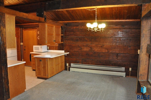 8740 Westview Rd, Brookings, SD 57006 - kitchen with white microwave, baseboard heating, wooden ceiling with exposed beams, wooden walls, and a chandelier