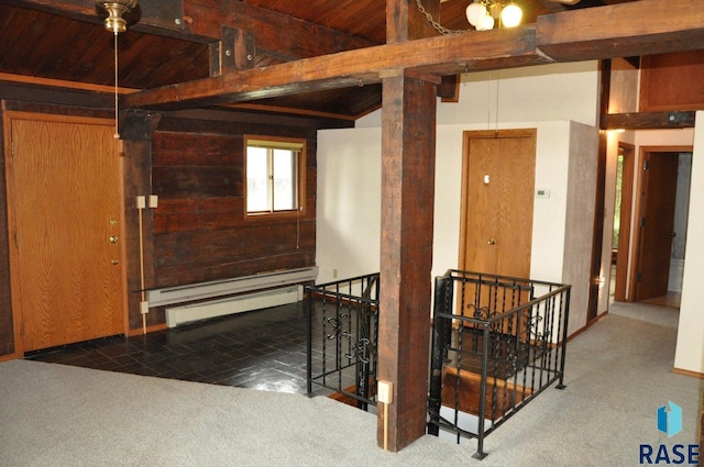 8740 Westview Rd, Brookings, SD 57006 - corridor with an upstairs landing, wooden ceiling, carpet floors, and a baseboard heating unit