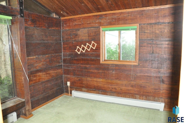 8740 Westview Rd, Brookings, SD 57006 - unfurnished room featuring baseboard heating, wooden walls, wooden ceiling, lofted ceiling, and carpet flooring