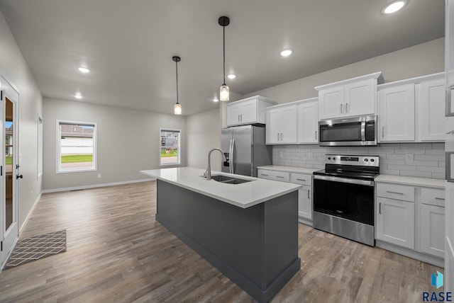 9001 W Rathburn St, Sioux Falls, SD 57103 - kitchen with appliances with stainless steel finishes, a sink, decorative backsplash, light countertops, and wood finished floors