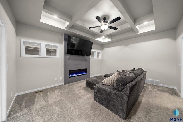 9001 W Rathburn St, Sioux Falls, SD 57103 - carpeted living room featuring coffered ceiling, a fireplace, ceiling fan, baseboards, and beam ceiling