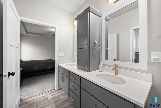 9001 W Rathburn St, Sioux Falls, SD 57103 - bathroom featuring wood finished floors, double vanity, and ensuite bathroom