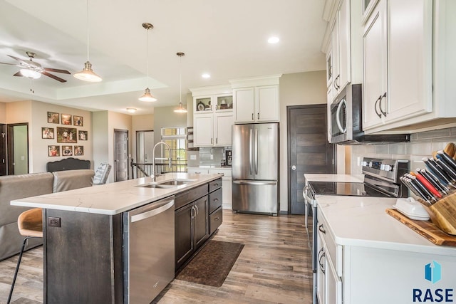 2604 S Ronell Cir, Sioux Falls, SD 57106 - kitchen with stainless steel appliances, a sink, dark wood-style flooring, decorative backsplash, and a ceiling fan