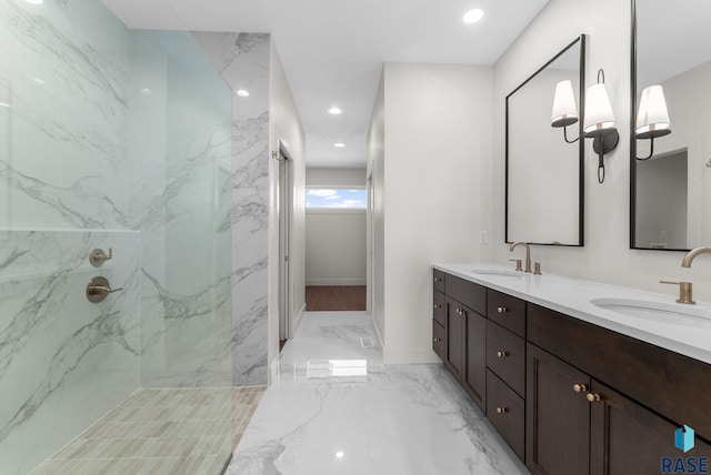 8309 E Sheridan Cir, Sioux Falls, SD 57110 - full bath featuring marble tiled flooring, double vanity, a marble finish shower, and recessed lighting