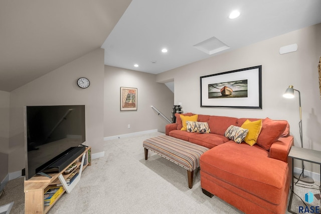 1703 N Otto Ave, Sioux Falls, SD 57110 - living room with recessed lighting, baseboards, light colored carpet, attic access, and lofted ceiling