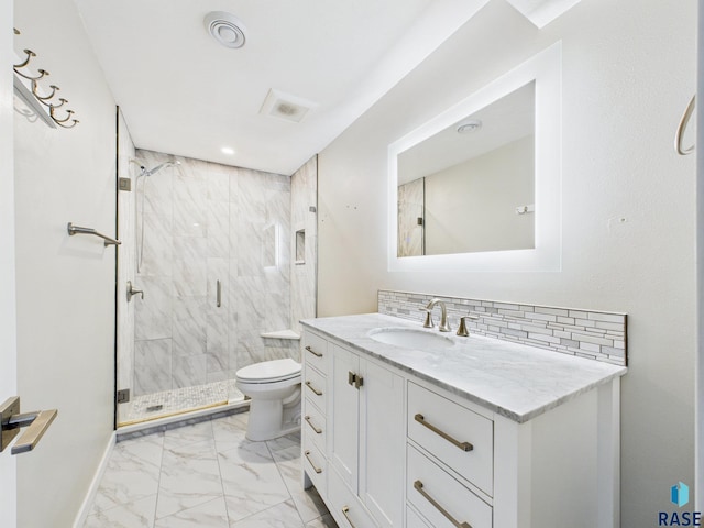 204 W Mountain Ash St, Brandon, SD 57005 - bathroom featuring marble finish floors, a shower stall, vanity, and backsplash