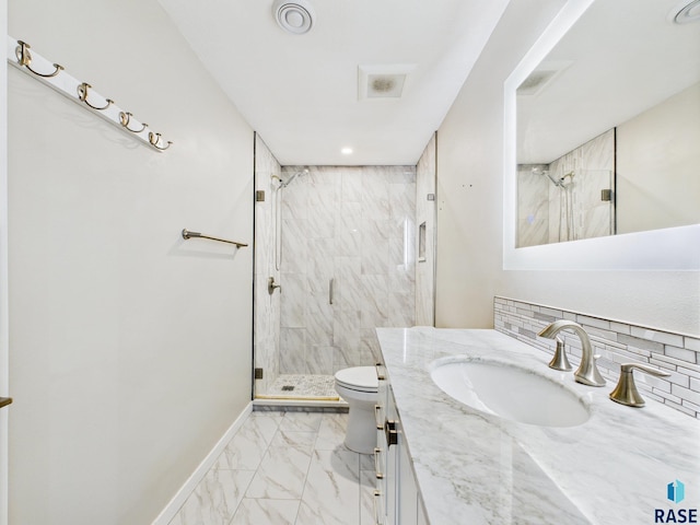 204 W Mountain Ash St, Brandon, SD 57005 - full bathroom featuring marble finish floors, a marble finish shower, vanity, and decorative backsplash