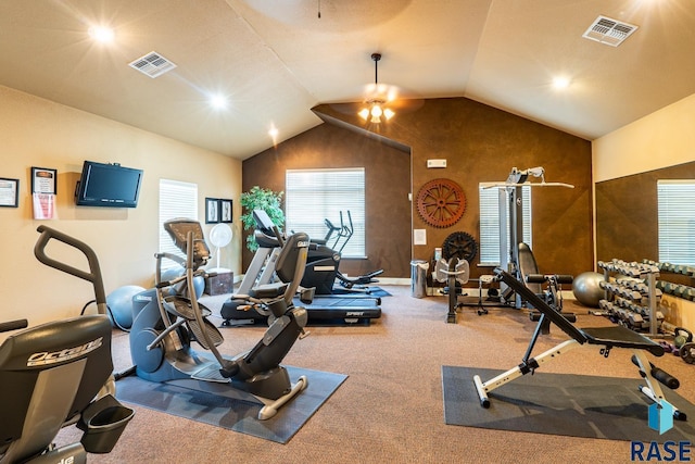5509 E Eastbridge Pl, Sioux Falls, SD 57110 - exercise room featuring a ceiling fan, vaulted ceiling, and carpet flooring
