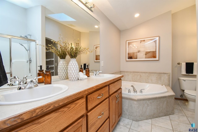 6312 S Heatherridge Ave, Sioux Falls, SD 57108 - full bath featuring a bath, tile patterned flooring, double vanity, a stall shower, and a skylight