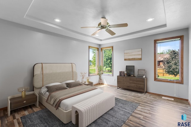 908 W 4th Ave, Lennox, SD 57039 - bedroom with a raised ceiling, wood finished floors, recessed lighting, and ceiling fan