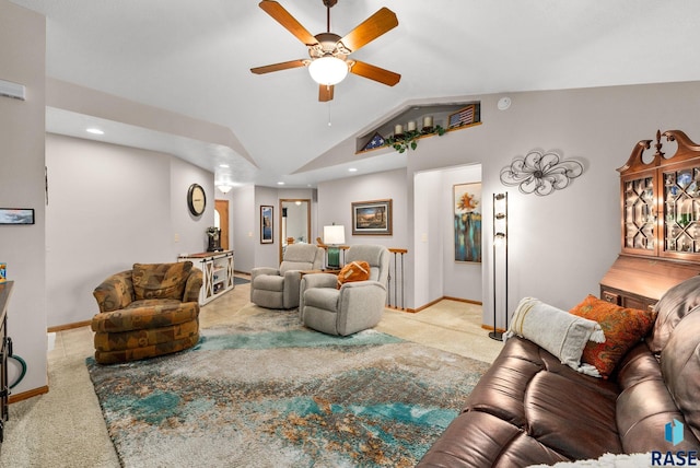 1905 S Wheatland Ct, Sioux Falls, SD 57106 - living area with carpet floors, a ceiling fan, vaulted ceiling, and recessed lighting