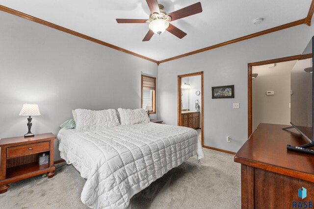 2213 S Purdue Ave, Sioux Falls, SD 57106 - bedroom featuring light carpet, crown molding, a ceiling fan, and ensuite bathroom