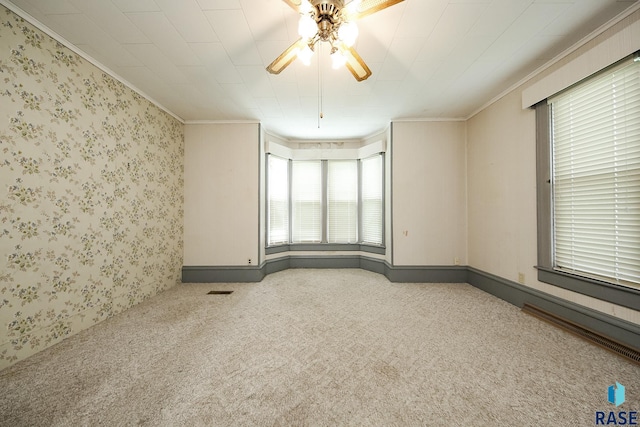228 N Broadway St, Canton, SD 57013 - empty room with crown molding, carpet floors, a ceiling fan, healthy amount of natural light, and wallpapered walls