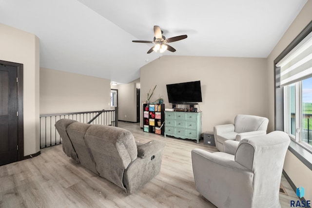 7513 E 49th St, Sioux Falls, SD 57110 - living room featuring light wood-style flooring, a ceiling fan, and lofted ceiling