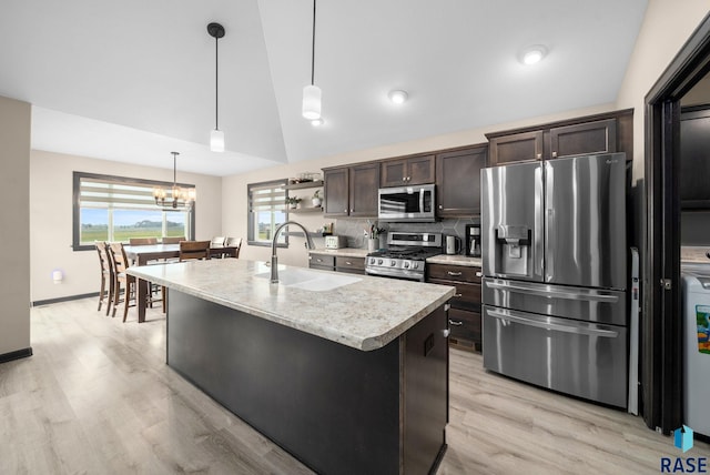 7513 E 49th St, Sioux Falls, SD 57110 - kitchen with appliances with stainless steel finishes, dark brown cabinetry, light countertops, vaulted ceiling, and hanging light fixtures
