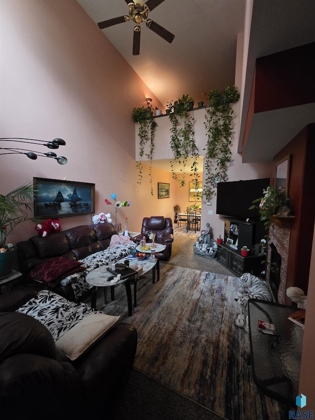 3333 W Ralph Rogers Rd, Sioux Falls, SD 57108 - carpeted living area with high vaulted ceiling and ceiling fan