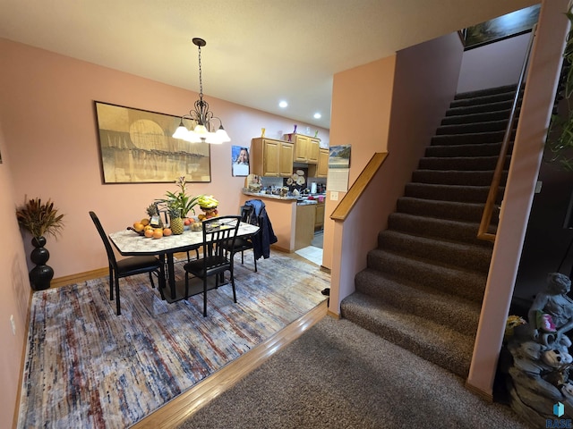 3333 W Ralph Rogers Rd, Sioux Falls, SD 57108 - dining space featuring stairway, a chandelier, recessed lighting, and light wood finished floors