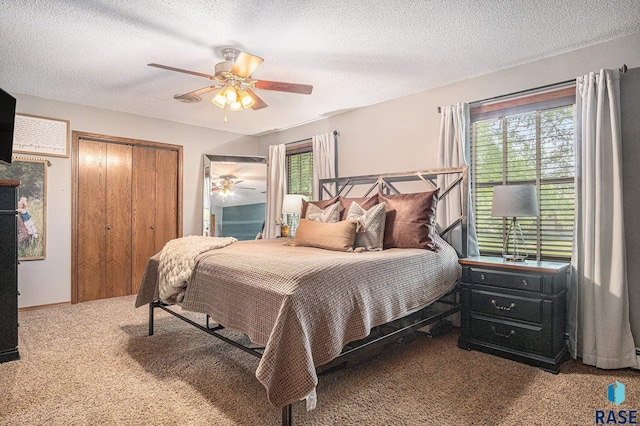300 W 3rd St, Tea, SD 57064 - carpeted bedroom featuring multiple windows, a textured ceiling, a ceiling fan, and a closet