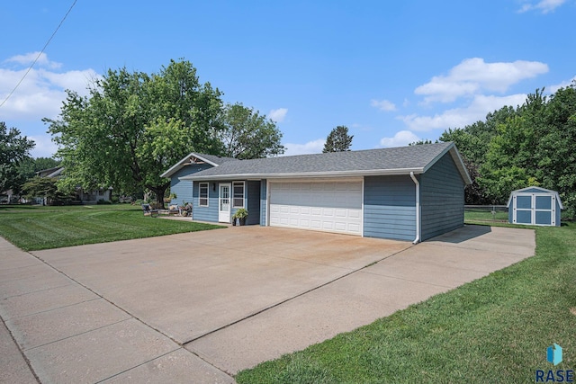 300 W 3rd St, Tea, SD 57064 - view of front of house with a storage unit, a front lawn, an attached garage, and a shingled roof