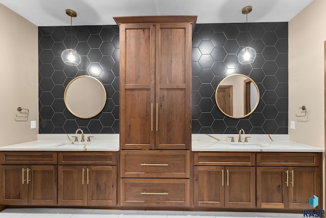 25953 481st Ave, Brandon, SD 57005 - full bathroom with tile walls, double vanity, and decorative backsplash
