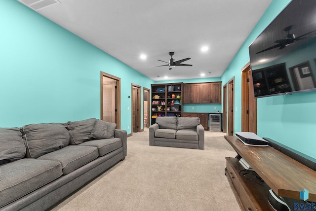 25953 481st Ave, Brandon, SD 57005 - living area with light carpet, recessed lighting, wine cooler, a ceiling fan, and bar area
