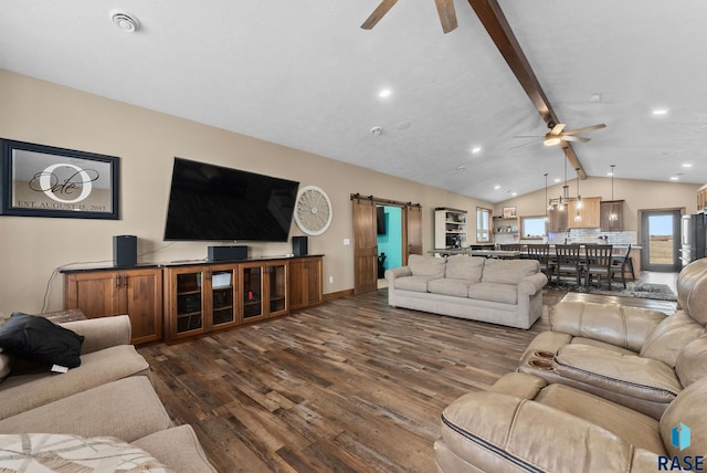25953 481st Ave, Brandon, SD 57005 - living room featuring ceiling fan, a barn door, dark wood finished floors, and recessed lighting