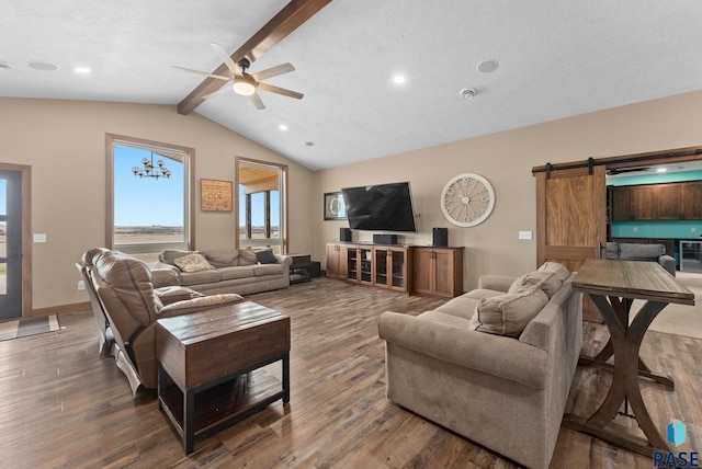 25953 481st Ave, Brandon, SD 57005 - living area with a ceiling fan, wood finished floors, a barn door, and recessed lighting