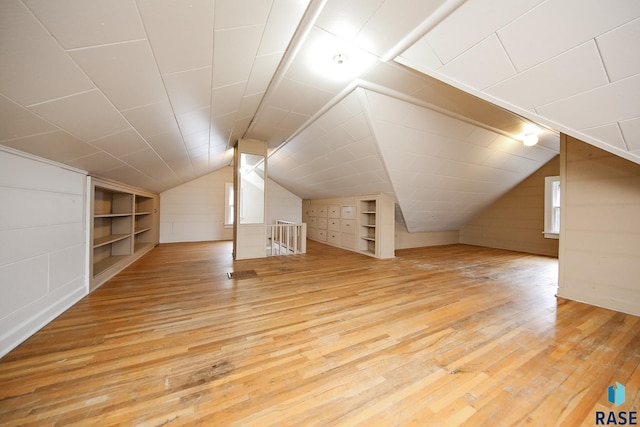 1330 W 14th St, Sioux Falls, SD 57104 - additional living space featuring wood-type flooring, vaulted ceiling, wooden walls, and built in shelves