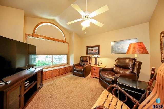 6811 E Split Rock Cir, Sioux Falls, SD 57110 - living area featuring lofted ceiling, light colored carpet, and a ceiling fan